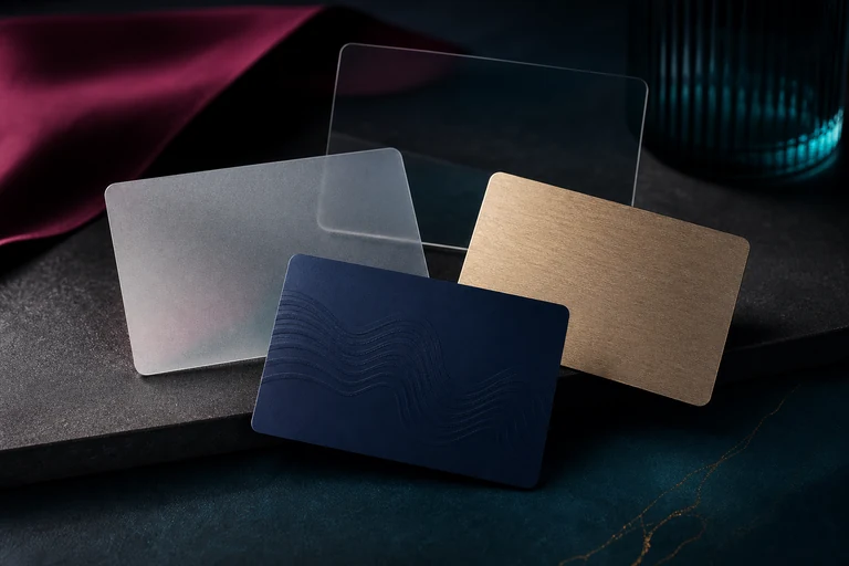 Clear, frosted, navy and metallic-effect unbranded plastic cards arranged to show contrasting surface treatments.