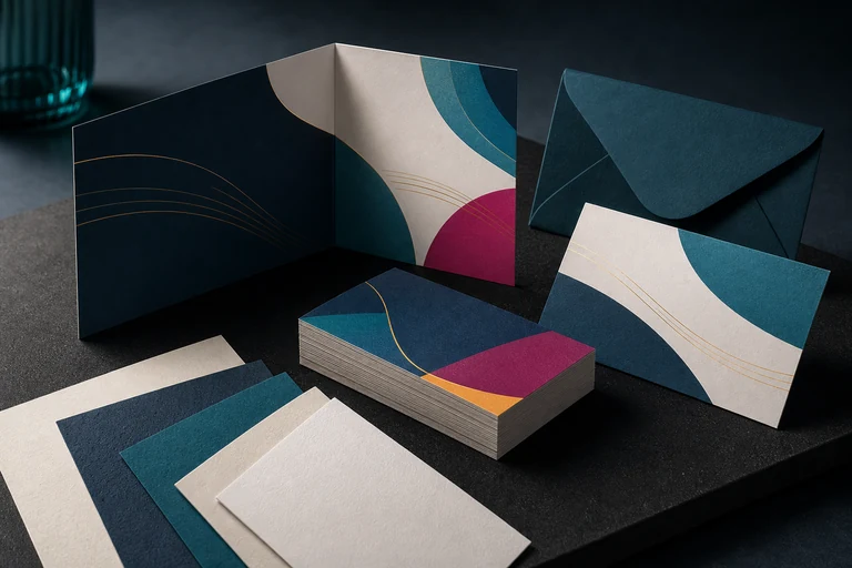 Unbranded folded brochure, envelope, business cards and paper swatches arranged in a dark studio setting.