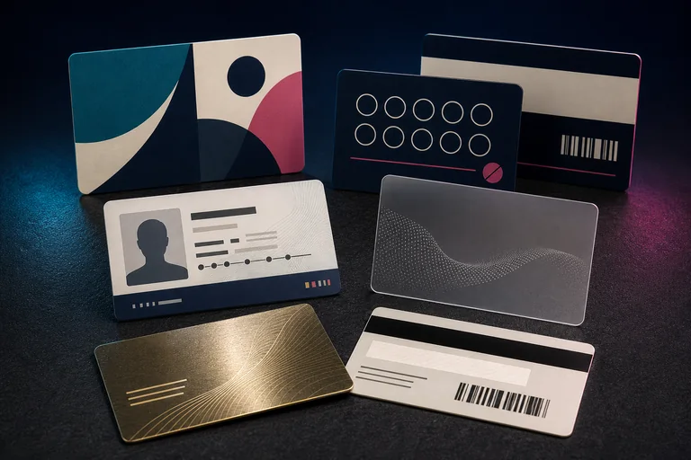 Unbranded membership, loyalty, photo-ID-format, clear, metallic and magnetic-stripe plastic cards showing front, reverse, barcode and signature-panel details.