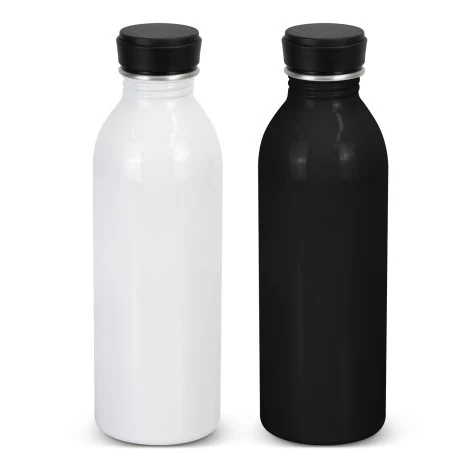 Black and white Adora recycled-aluminium bottles shown as one current branded bottle option.