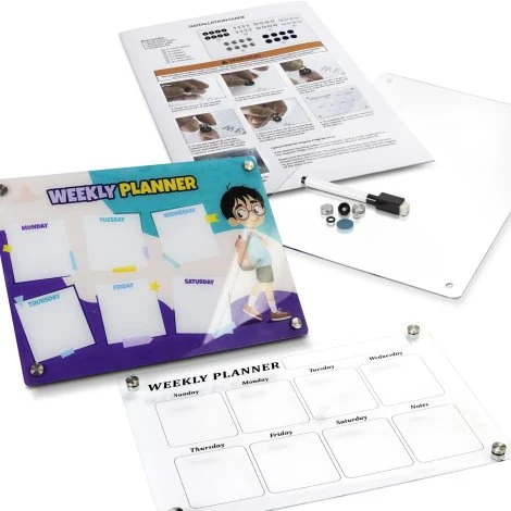 Magnetic weekly planner examples with printed artwork.