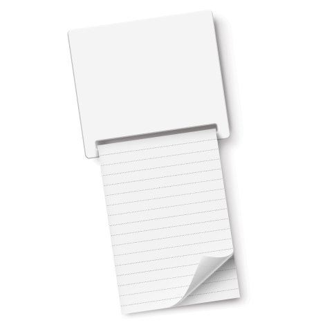 An unbranded magnetic memo pad showing its blank header panel and lined writing pages.