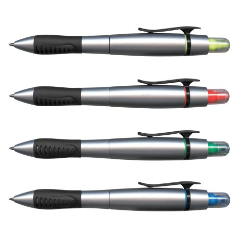 Duo pens with integrated highlighters in four colours.