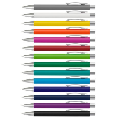 Lancer soft-touch pens arranged in a wide colour range.