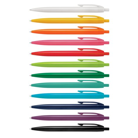 Omega plastic pens arranged in a broad colour range.
